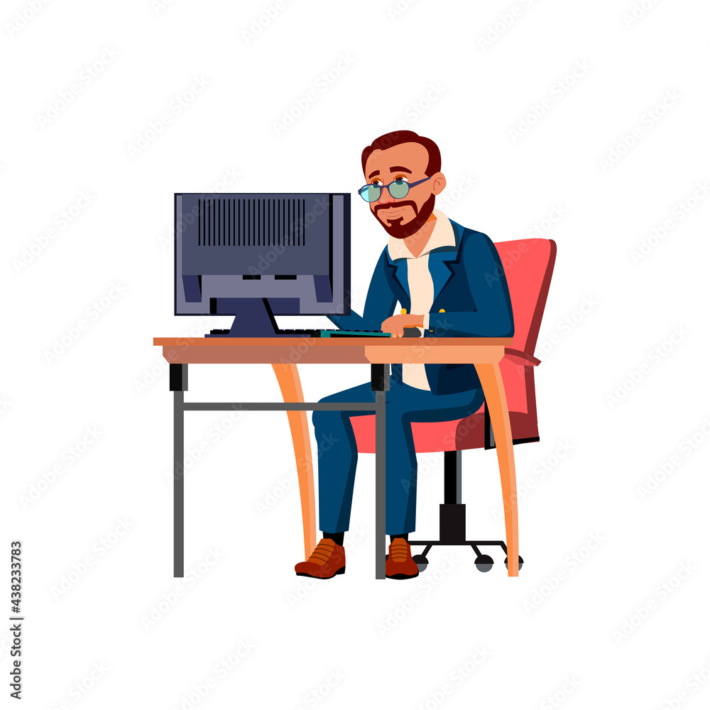 man leader reading employees report on computer monitor cartoon vector. man leader reading employees report on computer monitor character. isolated flat cartoon illustration man leader reading employees report on computer monitor cartoon vector. man leader reading employees report on computer monitor character. isolated flat cartoon illustration
