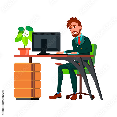 man entrepreneur searching sponsors for startup on internet cartoon vector. man entrepreneur searching sponsors for startup on internet character. isolated flat cartoon illustration photo