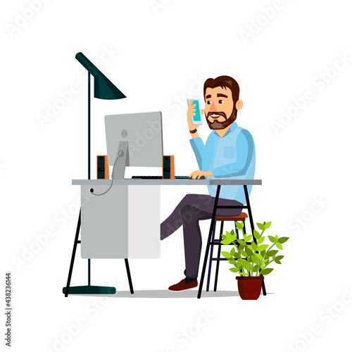 bearded man make restaurant dish order on phone cartoon vector. bearded man make restaurant dish order on phone character. isolated flat cartoon illustration