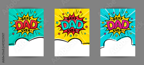 Best Dad Ever. Comic banner in pop art style. Cartoon text frame on a ray background. Comic Template for web design, banners, cards, coupons and posters. Vector illustration for Father's Day.