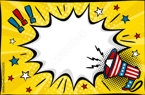 Comic empty speech bubble with shout for USA Independence Day or Election. Pop art vector illustration by July 4th in national colors of United States of America.
