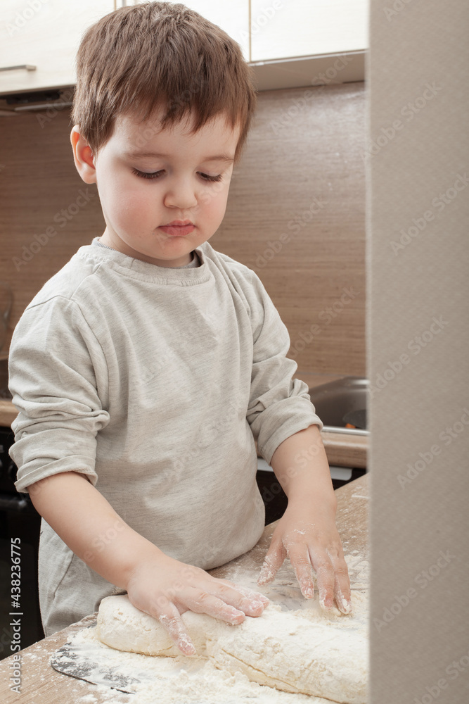 Fototapeta premium little boy helps to prepare delicious cheesecakes from cottage cheese dough