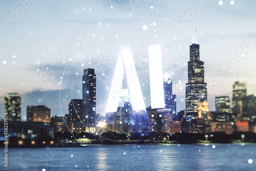 Abstract virtual artificial Intelligence symbol hologram on Chicago skyline background. Multiexposure
