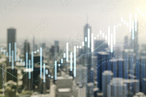 Multi exposure of virtual abstract financial graph interface on blurry skyscrapers background, financial and trading concept