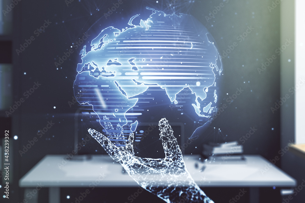 Multi exposure of abstract creative digital world map and modern desktop with laptop on background, research and analytics concept