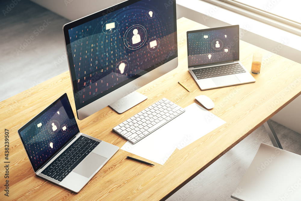 Modern computer monitor with social network icons concept. Marketing and promotion concept. 3D Rendering