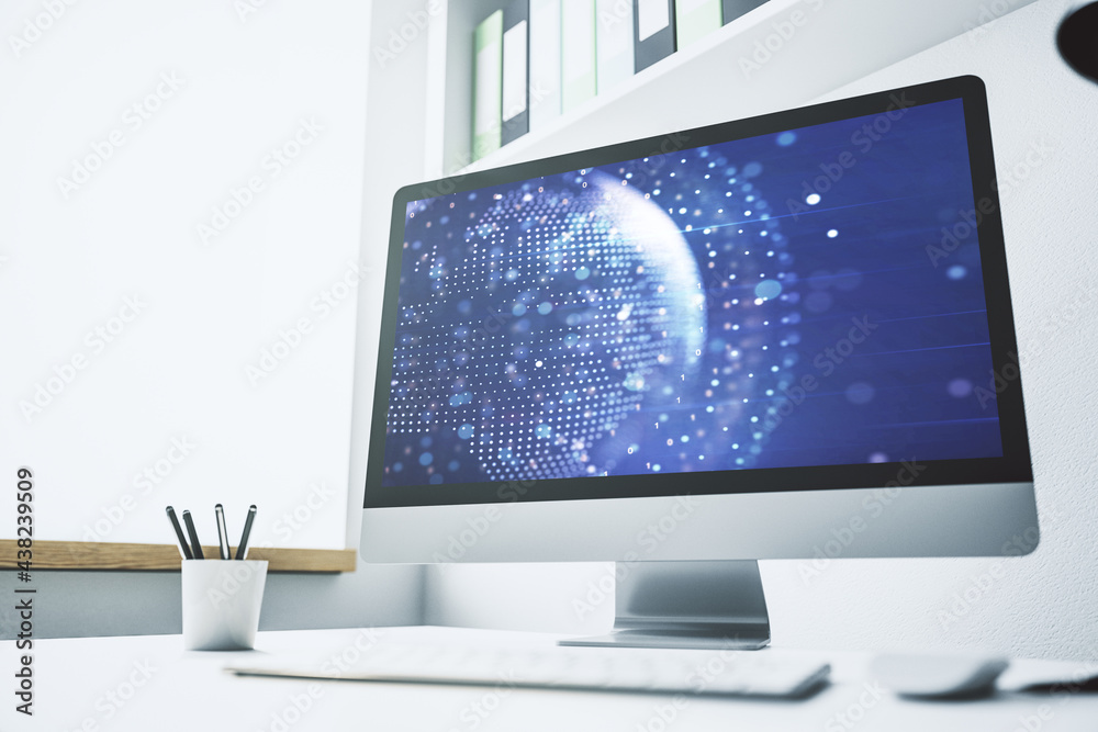Abstract creative digital world map on modern laptop monitor, tourism and traveling concept. 3D Rendering Abstract creative digital world map on modern laptop monitor, tourism and traveling concept. 3D Rendering