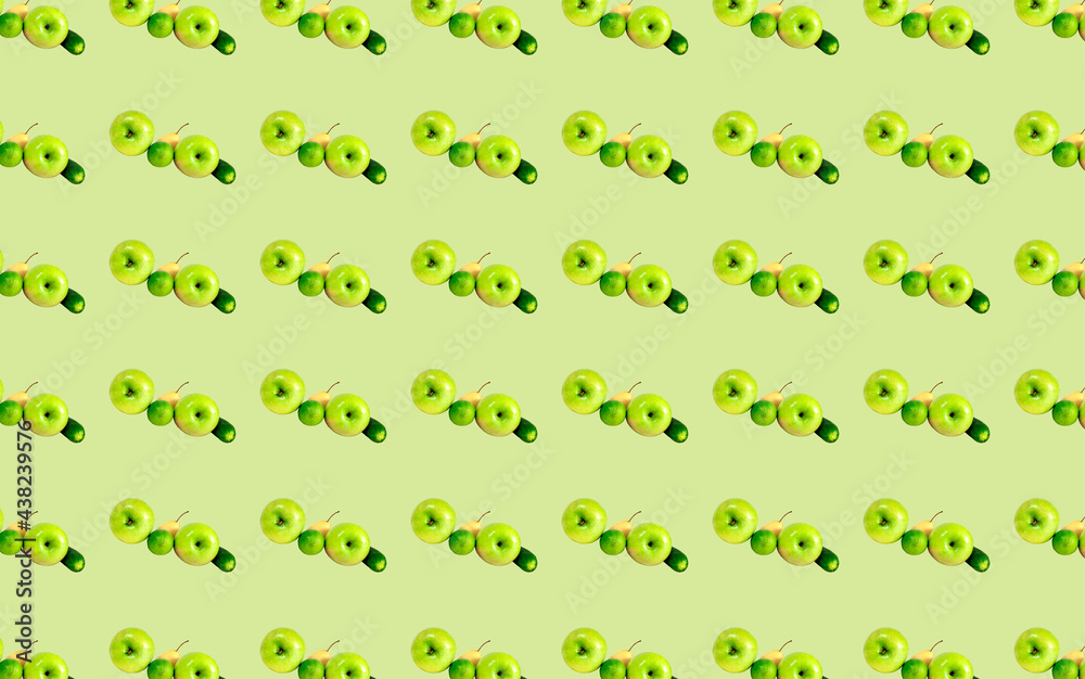 A pattern with fruits and vegetables on a green background. The food diet template.
