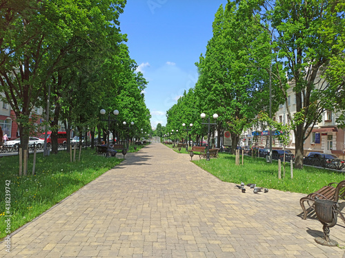 beautiful park with nice promenade path and big green trees