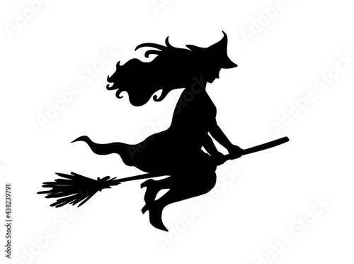 Silhouette of witch flying on her broom. Vector illustration
