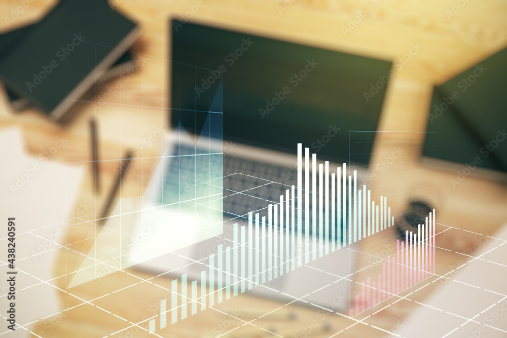 Double exposure of abstract creative financial diagram on modern laptop background, banking and accounting concept Double exposure of abstract creative financial diagram on modern laptop background, banking and accounting concept