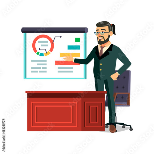 business man reporting in front of investments about company achievement cartoon vector. business man reporting in front of investments about company achievement character. isolated flat cartoon