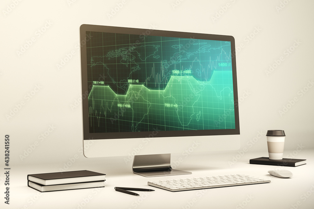 Stats data illustration on modern laptop monitor, computing and analytics concept. 3D Rendering Stats data illustration on modern laptop monitor, computing and analytics concept. 3D Rendering