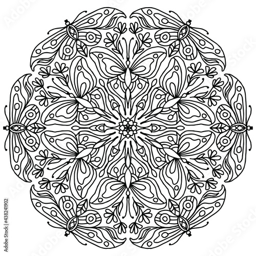 abstract mandala drawn with butterflies for coloring on a white background, vector