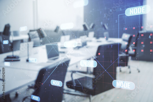 Double exposure of abstract creative programming illustration on a modern furnished office interior background, big data and blockchain concept