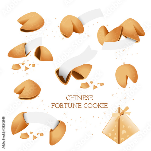Chinese fortune cookies with blank paper template. Set: open and closed fortune cookies. Vector, isolated  on white background. 