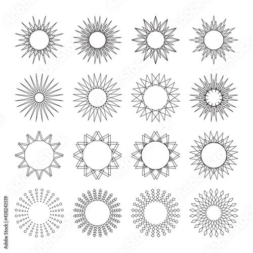Black lines sun collection with geometric shapes. Stylized sun icons pattern. Sketch burst contour logo star, sunrise, sunburst. Vector set of vintage, retro or hipster sun rays design elements.