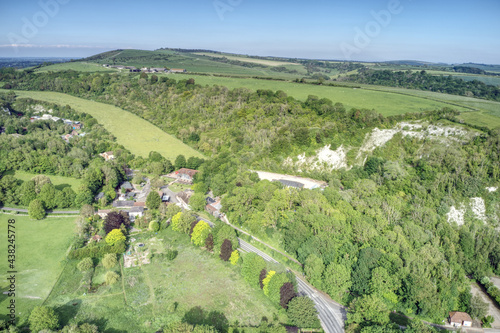 Countryside of West Sussex in England near Amberley set within the South Downs. Aerial view.
