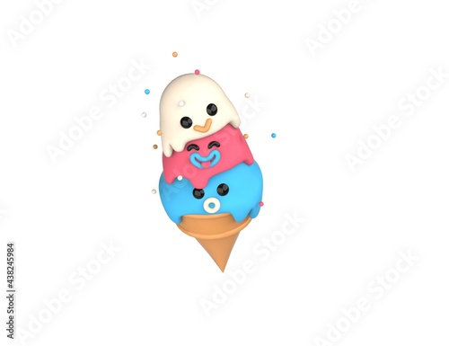 Ice cream, three happy tasty balls in a cone waffle cup. 3D render cute smiling character model isolated white background. © Natty Blissful