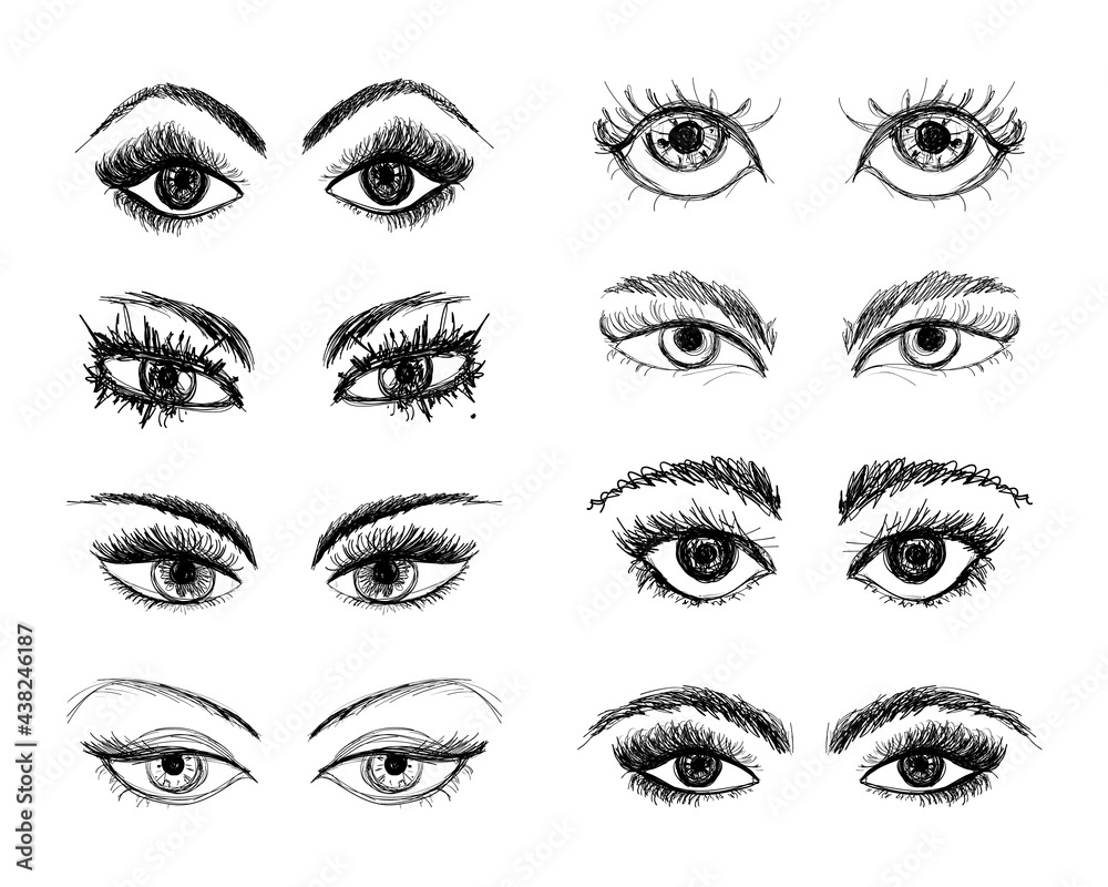 Set of Different Sketched Eye Icons Isolated on White