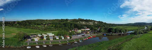 Aerial panoramic towards Amberley with boats on the River Arun and chalk cliffs in the background.