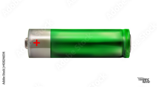Green realistic battery icon isolated on white background. Alkaline type AA. Blank object, 3D mockup. Vector illustration.