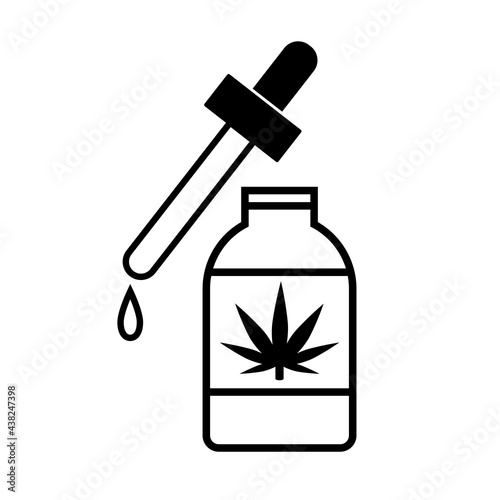CBD oil illustration. Simple line art vector with bottle and dropper.