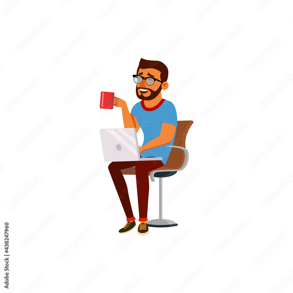 happy man has funny time with computer technology cartoon vector. happy man has funny time with computer technology character. isolated flat cartoon illustration