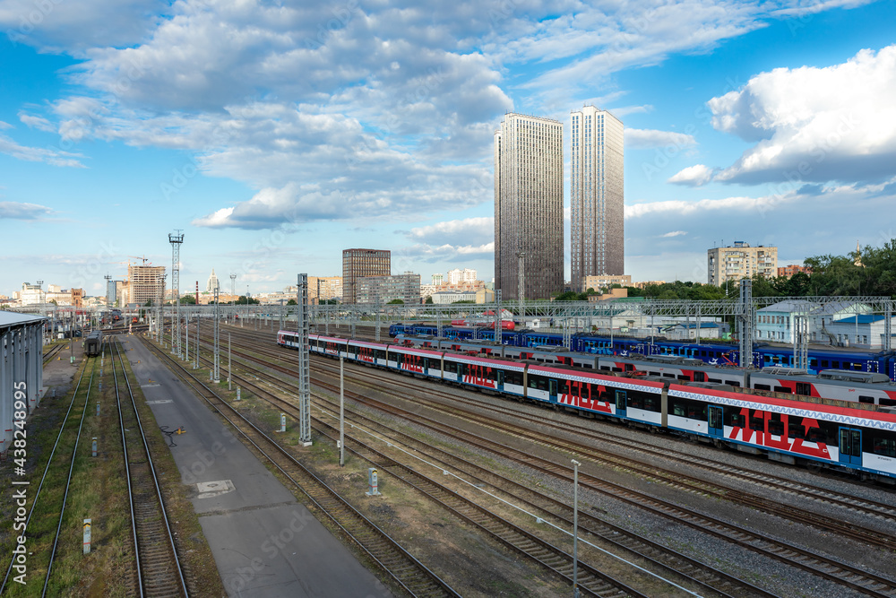 The View on the railway yard and cityscape behind it. Moscow, Russia.