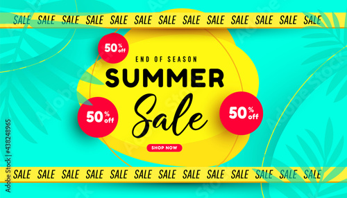 Summer sale vector illustration with tropical leaves background. Promotion banner for website, flyer and poster