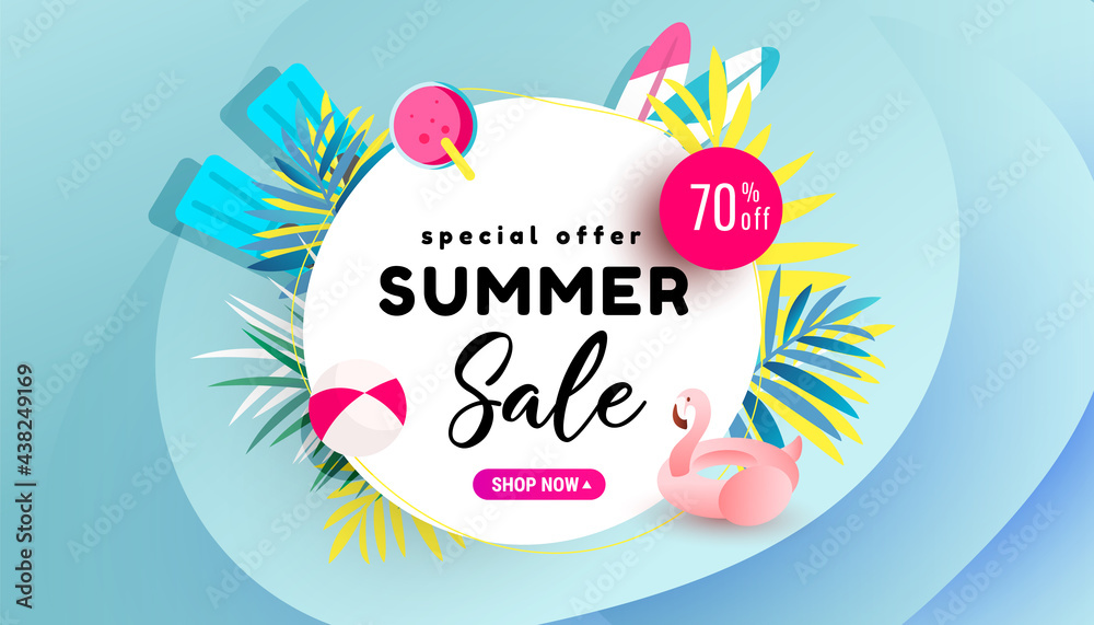Obraz premium Summer Sale banner, hot season discount poster with flamingo and refreshing cocktail on sea blue background