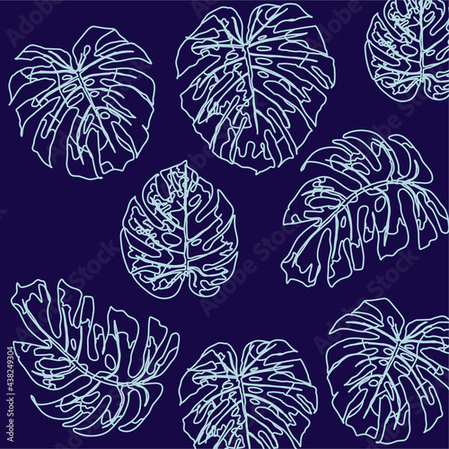 Monstery liście wzór, lekki obrys liści tropikalnych na ciemnym tle - ilustracja wektorowa