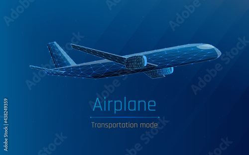 Polygonal commercial airliner. Flying passenger or cargo plane. Travel or air freight concept. wireframe. vector illustration. Low poly air transport model. dark-Blue background. plexus, triangle, dot