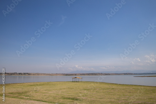 Mexico, Michoacán 01-07-2021 El Zangarro, was a community that was under water in 79 to build the La Purísima dam in Irapuato, the lack of rain caused a very low water level, exposing the church that  photo