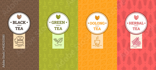Templates Packaging Tea with Thin Line Icons Set. Vector