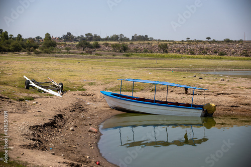 Mexico, Michoacán 01-07-2021 El Zangarro, was a community that was under water in 79 to build the La Purísima dam in Irapuato, the lack of rain caused a very low water level, exposing the church that  photo