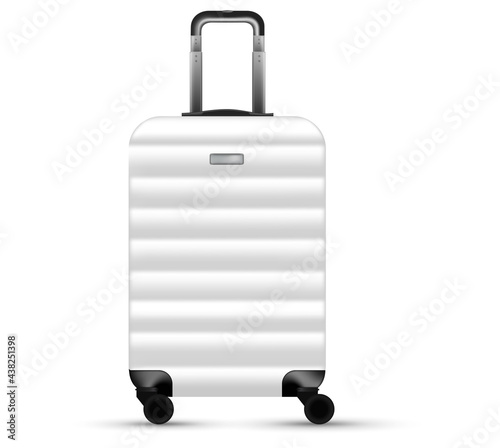 Bag travel. Silver travel plastic suitcase or vacation baggage bag collection isolated on white background. Copy space of summer vacation and business travel concept.