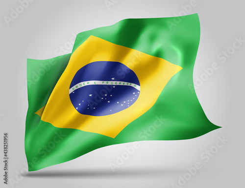 Brazil, vector flag with waves and bends waving in the wind on a white background.
