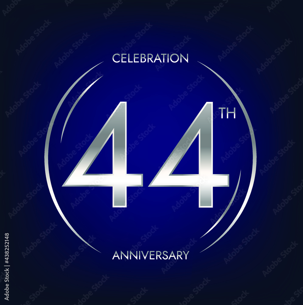 44th anniversary. Forty-four years birthday celebration banner in silver color. Circular logo with elegant number design. 44th anniversary. Forty-four years birthday celebration banner in silver color. Circular logo with elegant number design.
