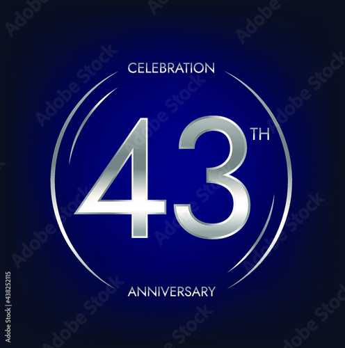 43th anniversary. Forty-three years birthday celebration banner in silver color. Circular logo with elegant number design.