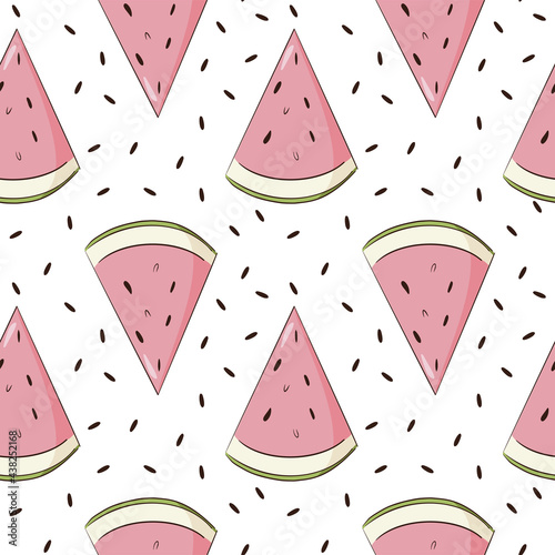 Hand Drawn Watermelon Slices Seamless Pattern. Summer watermelon background. Juicy fruit wedge repeated ornament for backdrop, web, wallpaper, wrapping paper and texture