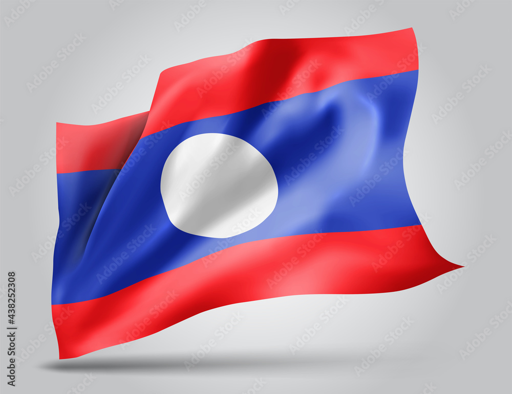 Laos, vector flag with waves and bends waving in the wind on a white background. Laos, vector flag with waves and bends waving in the wind on a white background.