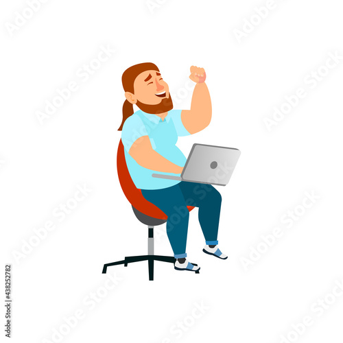 overweight man watching tv show online on laptop device cartoon vector. overweight man watching tv show online on laptop device character. isolated flat cartoon illustration