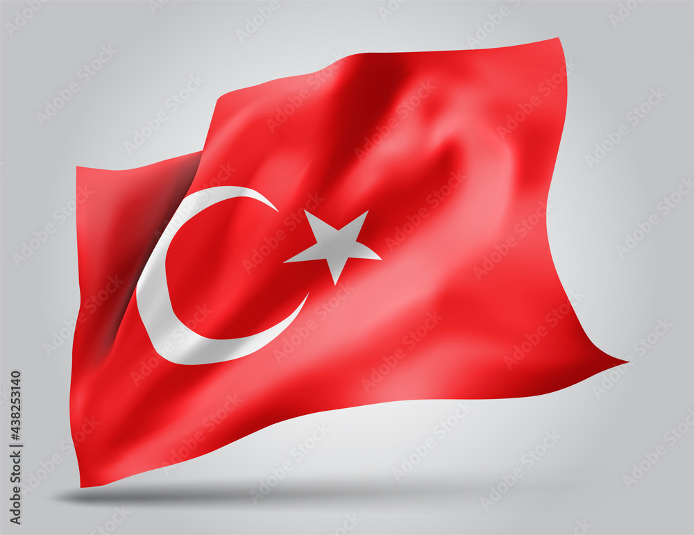 Turkey, vector flag with waves and bends waving in the wind on a white background. Turkey, vector flag with waves and bends waving in the wind on a white background.