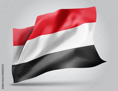 Yemen , vector flag with waves and bends waving in the wind on a white background. photo
