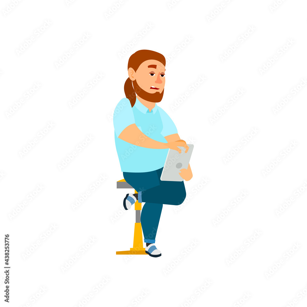 bored overweight man make report on tablet cartoon vector. bored overweight man make report on tablet character. isolated flat cartoon illustration