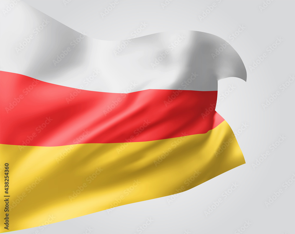 Naklejka premium South Ossetia, vector flag with waves and bends waving in the wind on a white background.