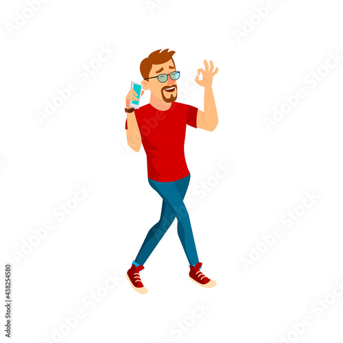 happy man speaking with friend on phone and approving plan on friday evening cartoon vector. happy man speaking with friend on phone and approving plan on friday evening character. isolated flat