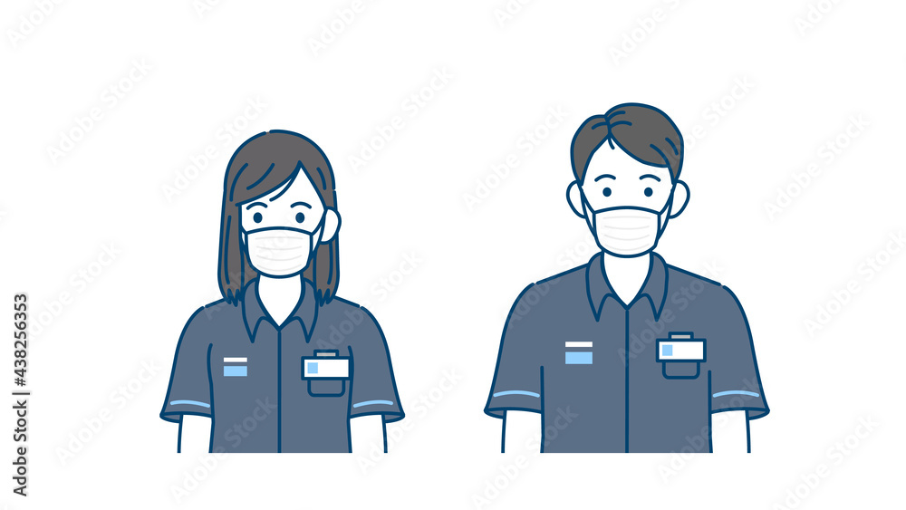 Naklejka premium マスクをつけたコンビニの店員 感染予防 アルバイト 男女 イラスト素材