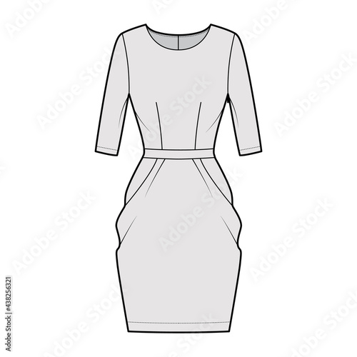 Dress tulip technical fashion illustration with elbow sleeves, fitted body, knee length peg-top pencil skirt. Flat apparel front, grey color style. Women, men unisex CAD mockup